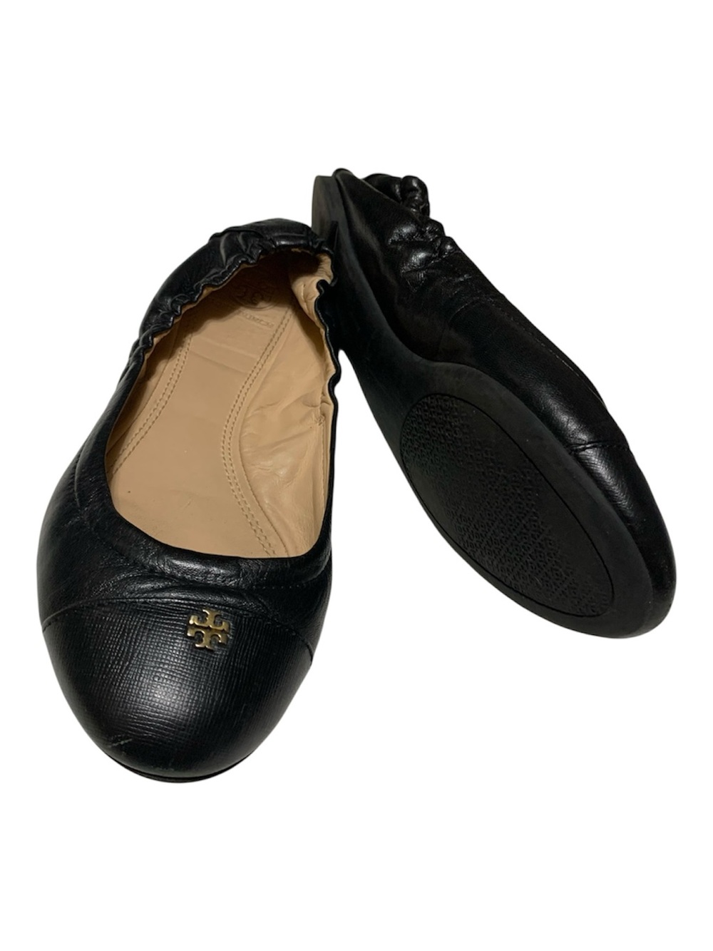 Tory Burch Black ‘York’ Leather Elastic-Back Ballet Flats with Gold Logo
